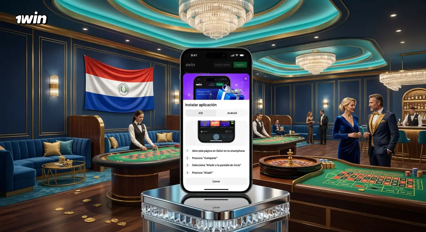 Celular con la pantalla de instalación de la app de 1win sobre un pedestal en un casino con la bandera de Paraguay