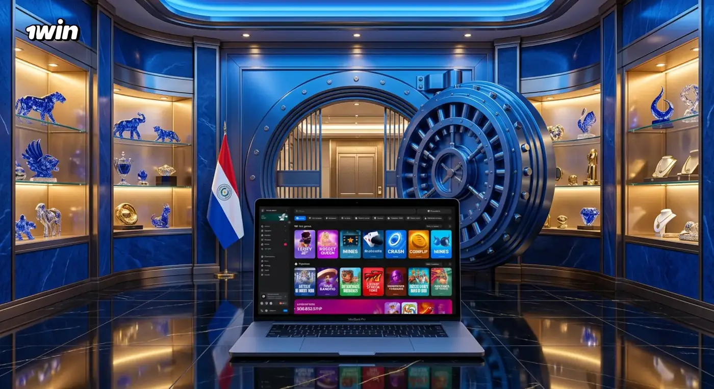 Laptop con el lobby de 1win frente a una bóveda iluminada y la bandera de Paraguay