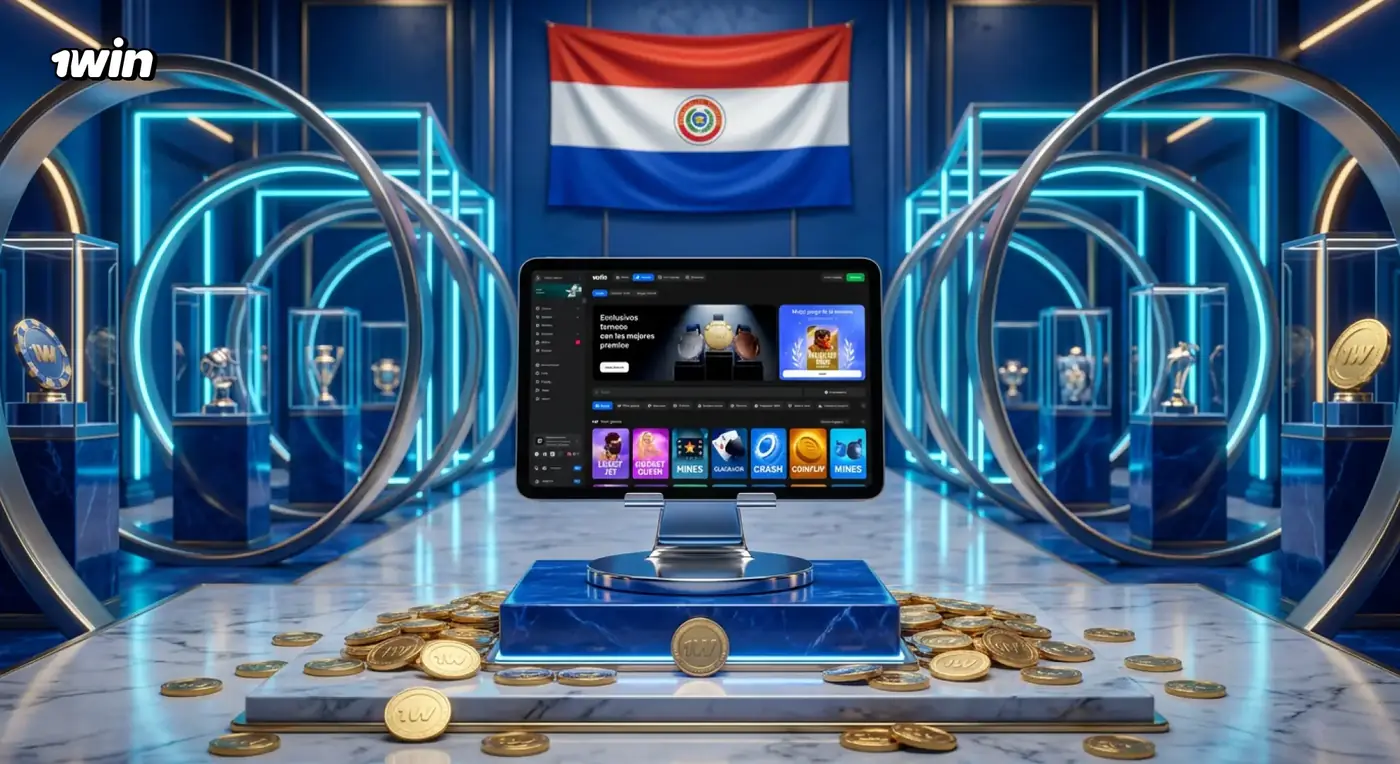 Laptop con 1win sobre un pedestal rodeado de monedas doradas frente a la bandera de Paraguay