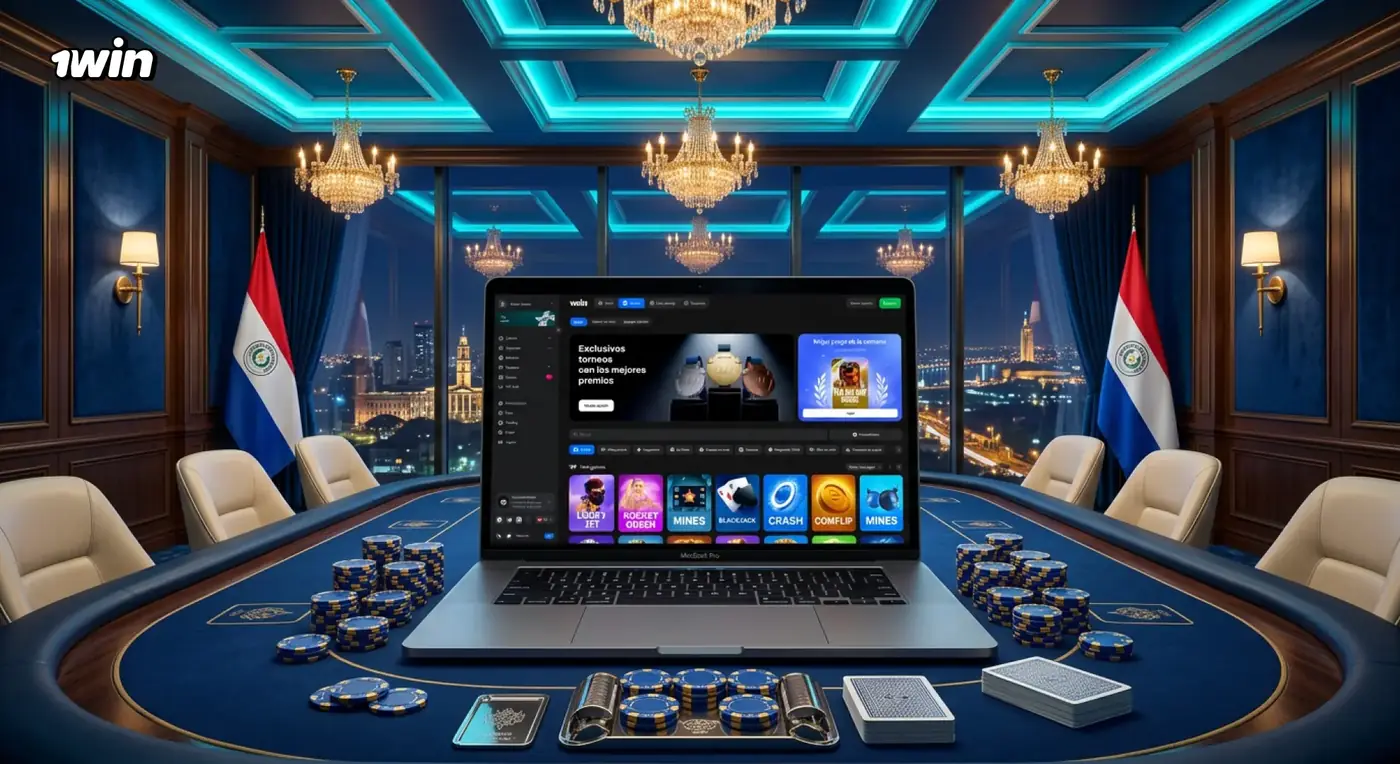 Mesa de póker con fichas y una laptop con 1win en un salón VIP con banderas de Paraguay